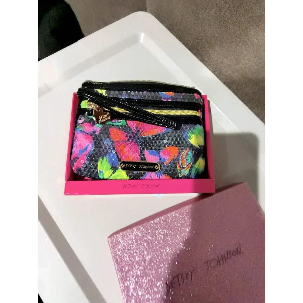 Betsey Johnson Cosmetic Bag Butterfly Wristlet Sequined Still With Box